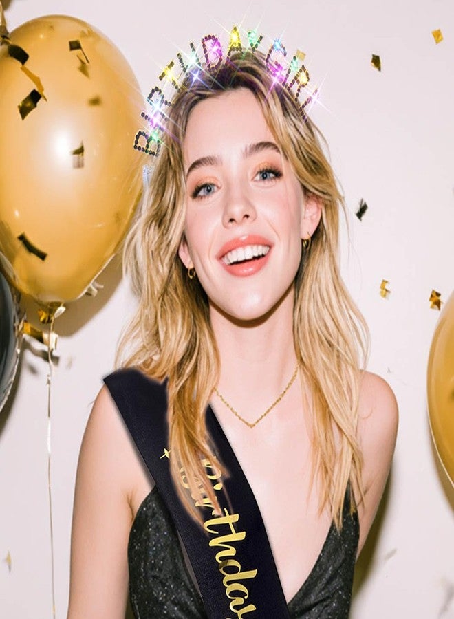 Aceorna Light Up Birthday Girl Headband Gold Rhinestone Crown and Sash Led Birthday Accessories Sets for Women (Black, One Size) - Image 3
